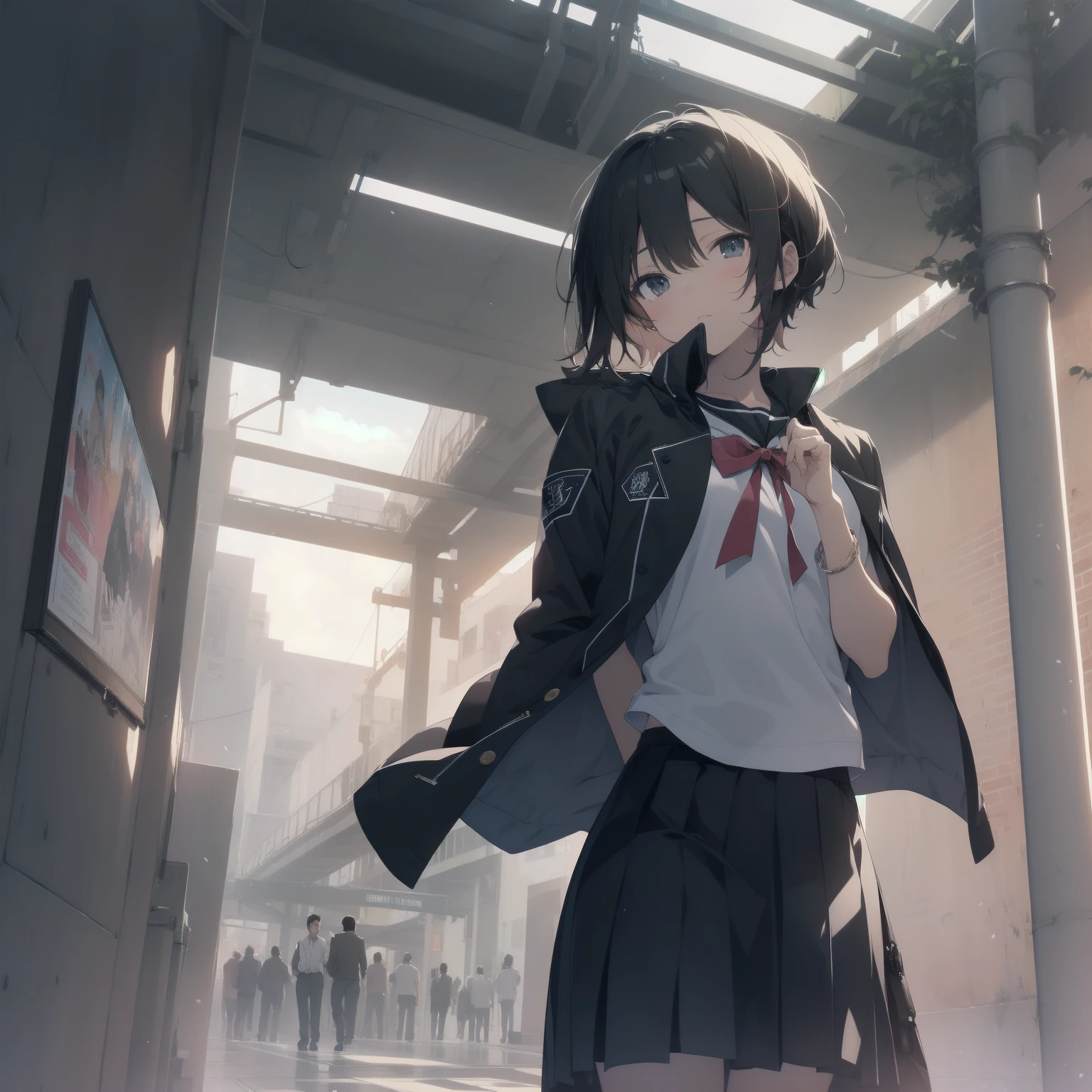 ultra-absurdres-Top quality by artist God, ultra-detailed, high resolution, anime moe artstyle, best anime 8k konachan wallpaper, pixiv contest winner, pool:2810, perfect anatomy,break, 1girl, (Please draw a girl walking sleepily to school alone. )break,(Solo,little female, 13-year-old:1.3),Full limbs, complete fingers,a junior high school student, (very short hair), short cut, flat chest, , small butt, small black eyes, beautiful detailed eyes, well-proportioned iris and pupils, expressive eyes, highres detailed hair, soft expression, salor school_uniform, sailor collar, serahuku, bow, pleated skirt,(Detailed Lighting), (Detailed background), in the School commute route. break,super detailed skin, Best cinematic lighting powered by famous artist, 8k,beauty illustration,photoshop_(medium),very aesthetic,break,((artist:kotorai )), artist:clamp ,artist:carnelian ,artist:kantoku ,