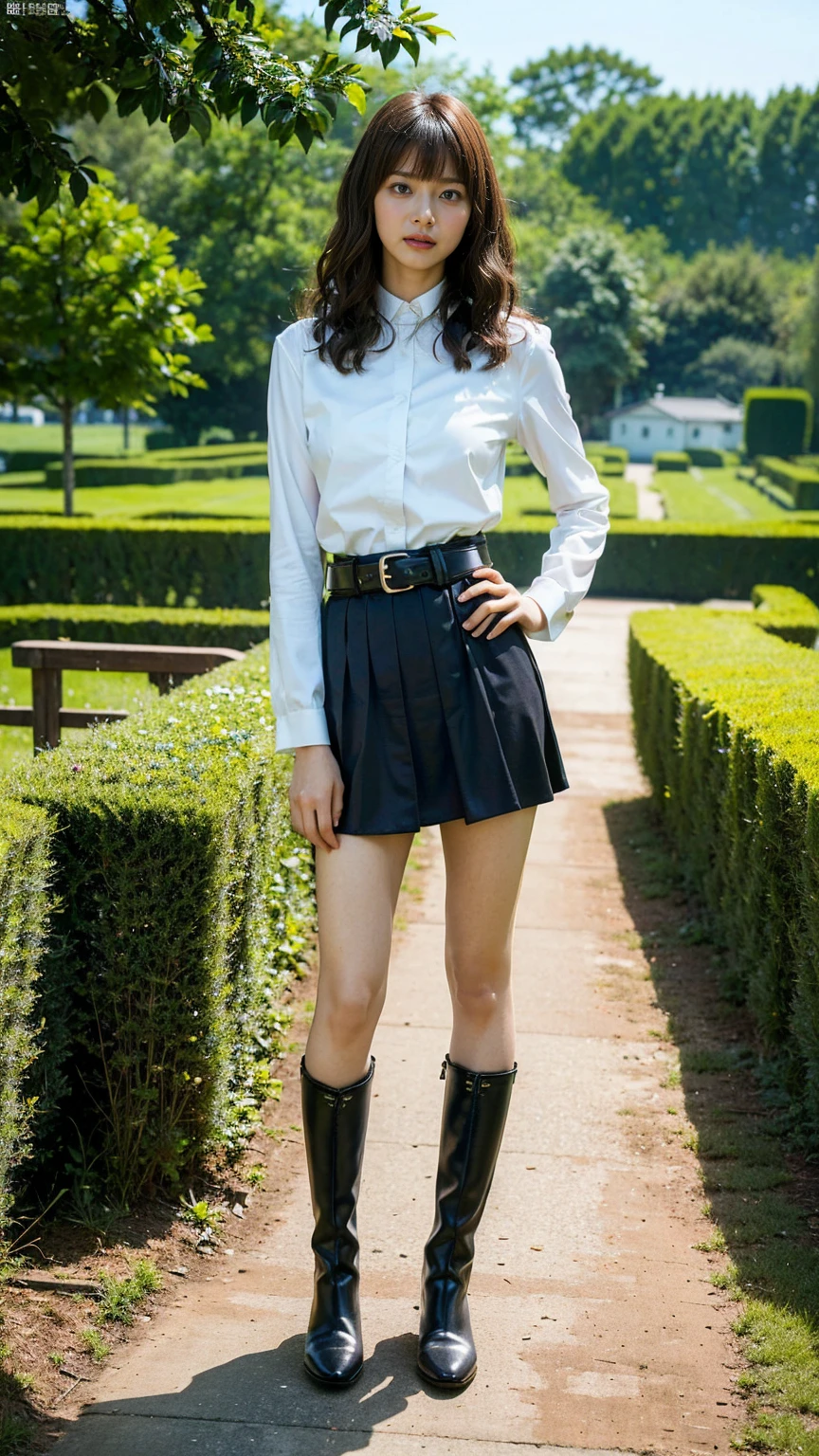 (8k、RAW Photos、Highest quality、masterpiece:1.2)、(Realistic、Realistic)、1 Girl、((suit、Black Mini Skirt、Curly Hair、boots、garden、View from the front、Looking at the camera、belt、Hands on your hips))、cute
