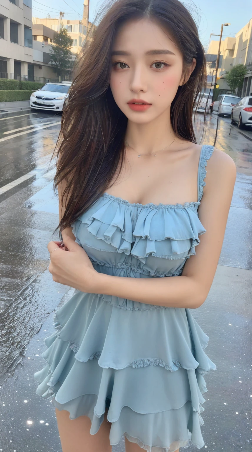 ((best quality, 8K, masterpiece:1.3)), Key Points: 1.2, Perfect body beauty: 1.4, Hips: 1.2, ((Layered Hairstyle, breast: 1.2)), (Wet clothes: 1.1) , (rain, street:1.3), Bandeau dress: 1.1, Highly detailed face and skin textures, Exquisite eyes, Double eyelids, Skin Whitening, Long hair