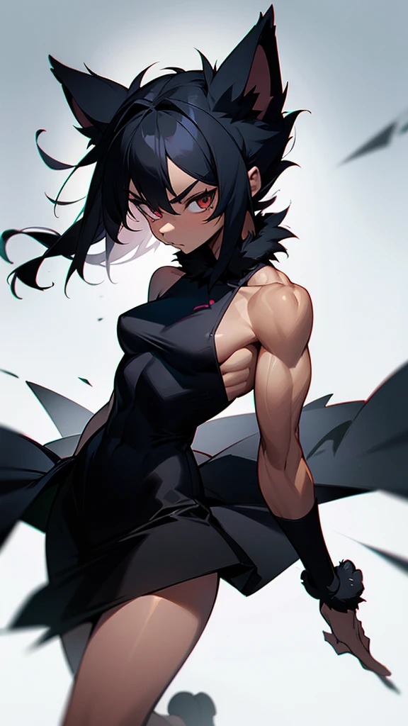 Muscular furry tomboy wearing dark black dress.