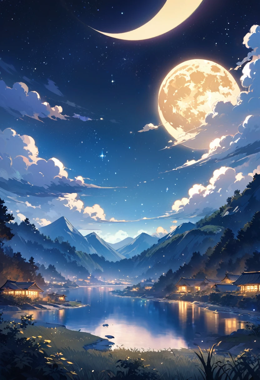 A painting of a river, stars and the moon in the sky, In bright colors, by makoto shinkai. Concept art inspired by Mitsuoki Tosa, pixiv Contest Winner, Highest quality, Fantasy art, Beautiful anime scene, Golden Moon, No humans, Starry Sky, scenery, cloud, Shine, the scenery of night landscapes, Mountain, Rivers. Bright Moon, Starry Sky environment under the moonlight, Dream Painting, Fantasy Landscape Painting, A dreamlike night, Anime Background, Background artwork, Dreamy Art, Atmospheric anime, Starry Sky, Detail enhancements.high resolution,reality,Emotional,beautiful,Transparency,Real,beautifulな満月,beautifulな丸い満月