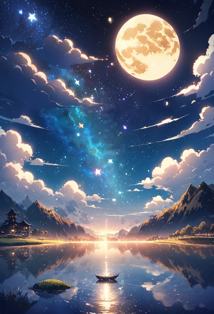 A painting of a river, stars and the moon in the sky, In bright colors, by makoto shinkai. Concept art inspired by Mitsuoki Tosa, pixiv Contest Winner, Highest quality, Fantasy art, Beautiful anime scene, Golden Moon, No humans, Starry Sky, scenery, cloud, Shine, the scenery of night landscapes, Mountain, Rivers. Bright Moon, Starry Sky environment under the moonlight, Dream Painting, Fantasy Landscape Painting, A dreamlike night, Anime Background, Background artwork, Dreamy Art, Atmospheric anime, Starry Sky, Detail enhancements.high resolution,reality,Emotional,beautiful,Transparency,Real,beautifulな満月,beautifulな丸い満月