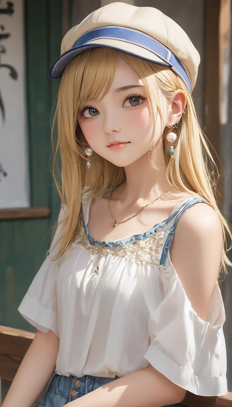 (masterpiece, Highest quality:1.2), One girl, alone,bony body、15 years old、hat、Earrings、Blonde