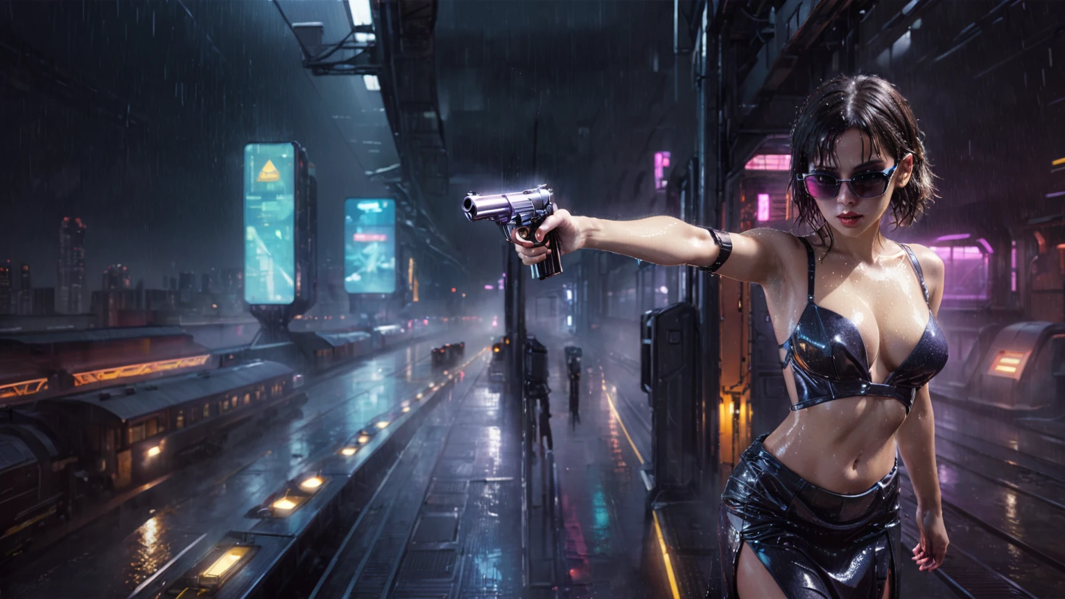 (((aerial view))), Blade Runner style futuristic railway platform, hi-tech train, neon lights, rainy night. (1girl, solo, alone), large-breast:1.2 slim body, cleavage:1.1, sexy wind blowing wet dress:1.4, headphone, (black sunglasses), (((she raised a pistol:1.8 and shot:1.8 the viewer))), dynamic pose, (((half-body thigh level medium shot))), cinematic lighting, lens flare, ray tracing, blurred:1.4 background.