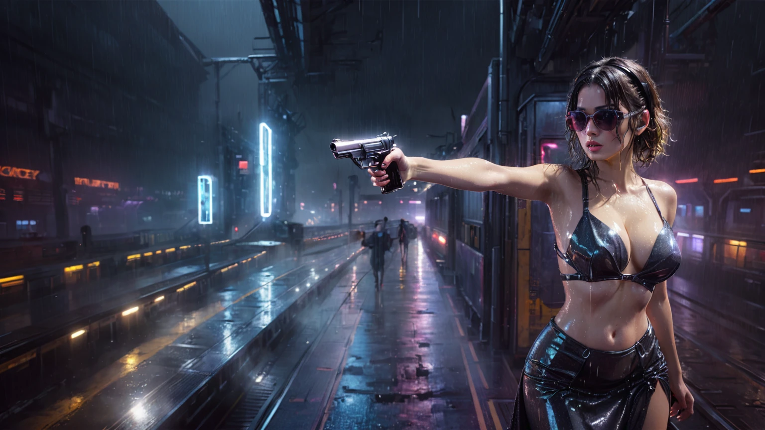 (((aerial view))), Blade Runner style futuristic railway platform, hi-tech train, neon lights, rainy night. (1girl, solo, alone), large-breast:1.2 slim body, cleavage:1.1, sexy wind blowing wet dress:1.4, headphone, (black sunglasses), (((she raised a pistol:1.8 and shot:1.8 the viewer))), dynamic pose, (((half-body thigh level medium shot))), cinematic lighting, lens flare, ray tracing, blurred:1.4 background.