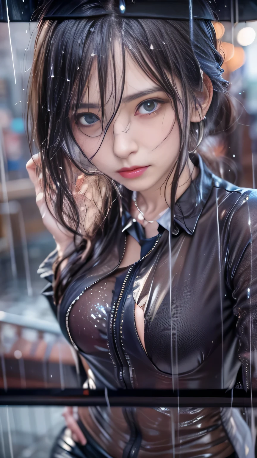 (RAW shooting, Photorealistic:1.5, 8k, Highest quality, masterpiece, Ultra-high resolution), Perfect dynamic composition:1.2, Modern city street corner at night, Expressions of sadness:0.5, (((Typhoon heavy rain))), Highly detailed skin and facial textures:1.2, Slim office lady wet with rain:1.3, Fair skin, Sexy beauty:1.1, Perfect Style:1.2, beautifully、aesthetic:1.1, Very beautiful face, Water droplets on the skin, (Rain dripping down on my body:1.2, Wet body, Wet Hair:1.4), (Wet tight skirt:1.2, Wet business suit jacket:1.3, Wet blouse:1.3), belt, (Mid-chest, Bra is sheer, Chest gap), (cry, Heartbroken, Her facial expression when she felt intense caressing, Facial expressions when feeling happy), (Beautiful Blue Eyes, Beautiful erotic eyes:0.8), (Too erotic:0.9, Fascinating:0.9), Cowboy Shot, Shoulder bag, necklace, Earrings, bracelet, clock