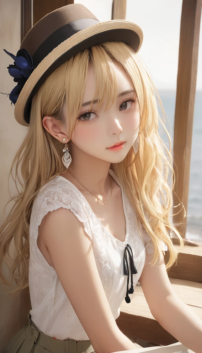 (masterpiece, Highest quality:1.2), One girl, alone,bony body、、hat、Earrings、Blonde