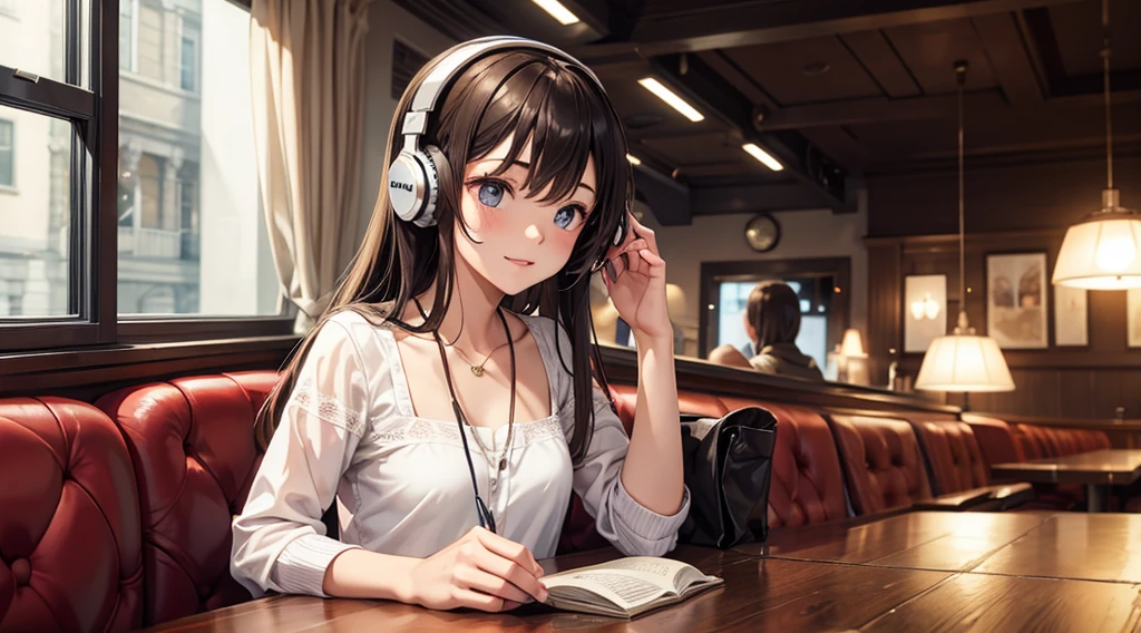 Girl with headphones enjoying music in a cafe I am studying Emphasize a little bit of the chest