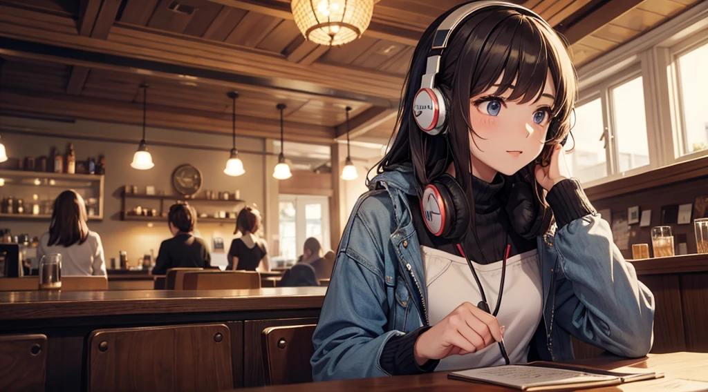 Girl with headphones enjoying music in a cafe I am studying Emphasize a little bit of the chest
