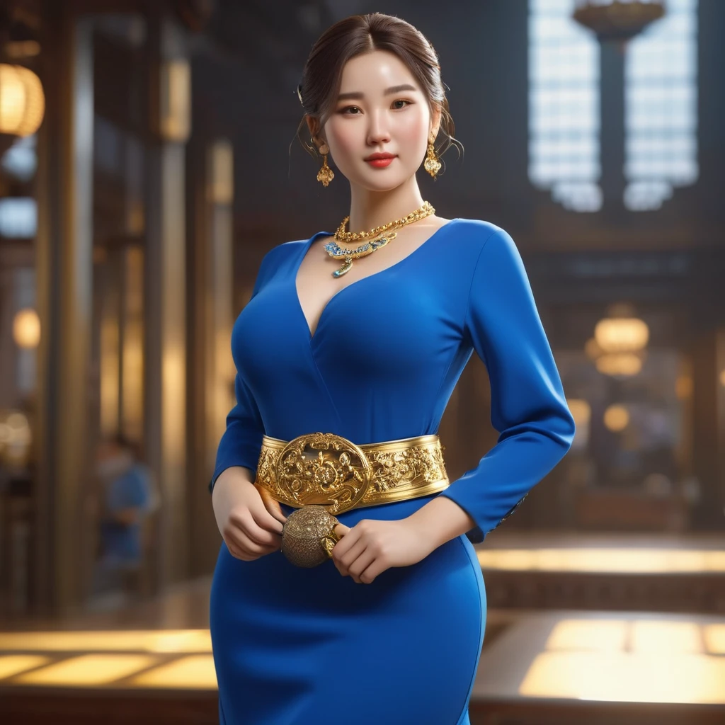 plump woman in a blue dress with a golden belt and a necklace, 8k 3D rendering character art, trends on cgstation, chengwei pot at art station, inspired by Lan Ying, Bokeh Artgerm 8K, High quality 8k detailed artwork, DeviantArt Artstation CGScosiety, society cg 8k, society cg 8k