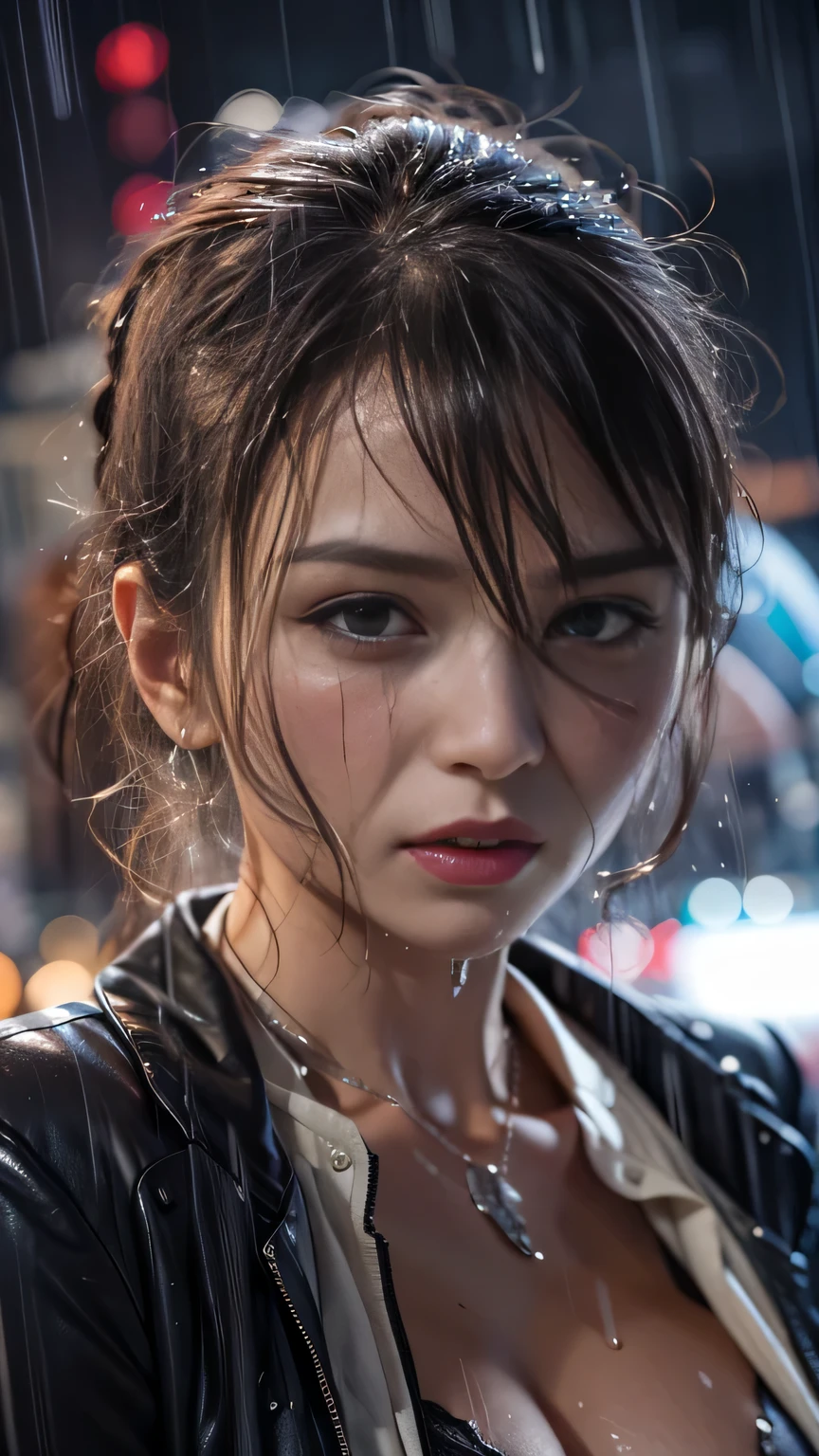 (RAW shooting, Photorealistic:1.5, 8k, Highest quality, masterpiece, Ultra-high resolution), Perfect dynamic composition:1.2, Modern city street corner at night, Expressions of sadness:0.5, (((Typhoon heavy rain))), Highly detailed skin and facial textures:1.2, Slim office lady wet with rain:1.3, Fair skin, Sexy beauty:1.1, Perfect Style:1.2, beautifully、aesthetic:1.1, Very beautiful face, Water droplets on the skin, (Rain dripping down on my body:1.2, Wet body, Wet Hair:1.4), (Wet tight skirt:1.2, Wet business suit jacket:1.3, Wet blouse:1.3), belt, (Mid-chest, Bra is sheer, Chest gap), (cry, Heartbroken, Her facial expression when she felt intense caressing, Facial expressions when feeling happy), (Beautiful Blue Eyes, Beautiful erotic eyes:0.8), (Too erotic:0.9, Fascinating:0.9), Cowboy Shot, Shoulder bag, necklace, Earrings, bracelet, clock