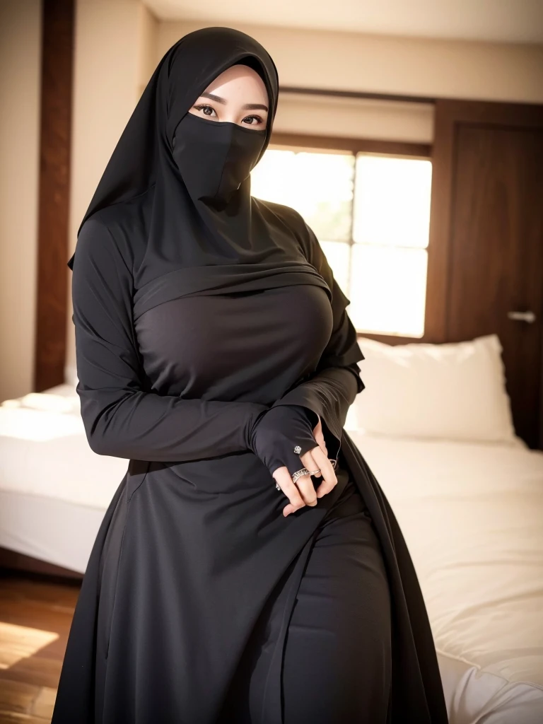 very beautiful mask woman,long shirt outfit,super big breast,(P cup),very detailed facial happy expression,beautiful red eyes,standing in swiming pool,hijab