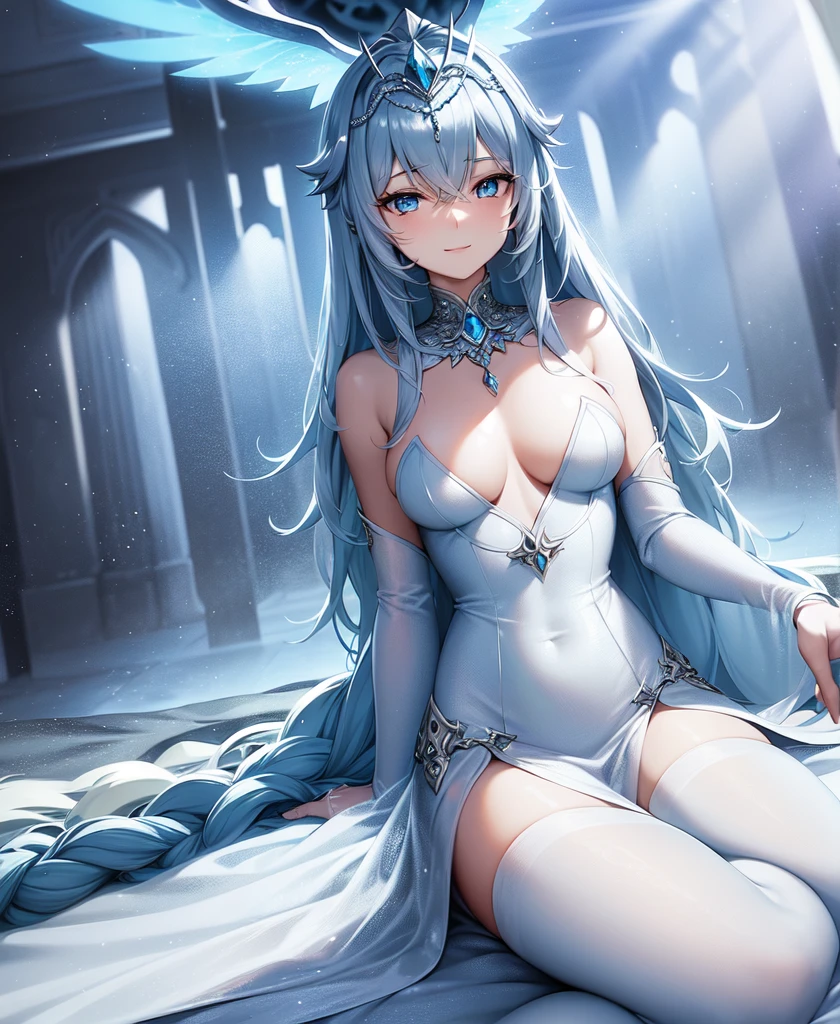 anthro Female adult quadrupedal feral snow leopard with blue eyes wearing blue and silver armor and a tiara in a snowy forest with ice magic. full body (smile), (glow, god rays, ethereal, dreamy, heavenly, otherworldly, dream-like, breathtaking, captivating, divine) illustration, hand-drawn, bold linework, anthro illustration, cel shaded, 4k, fine details, masterpiece