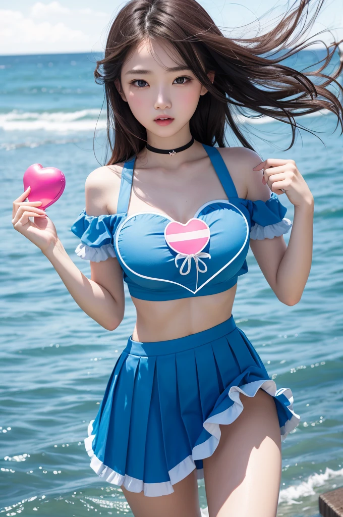 coast with blue skirt, holding a heart shaped balloon