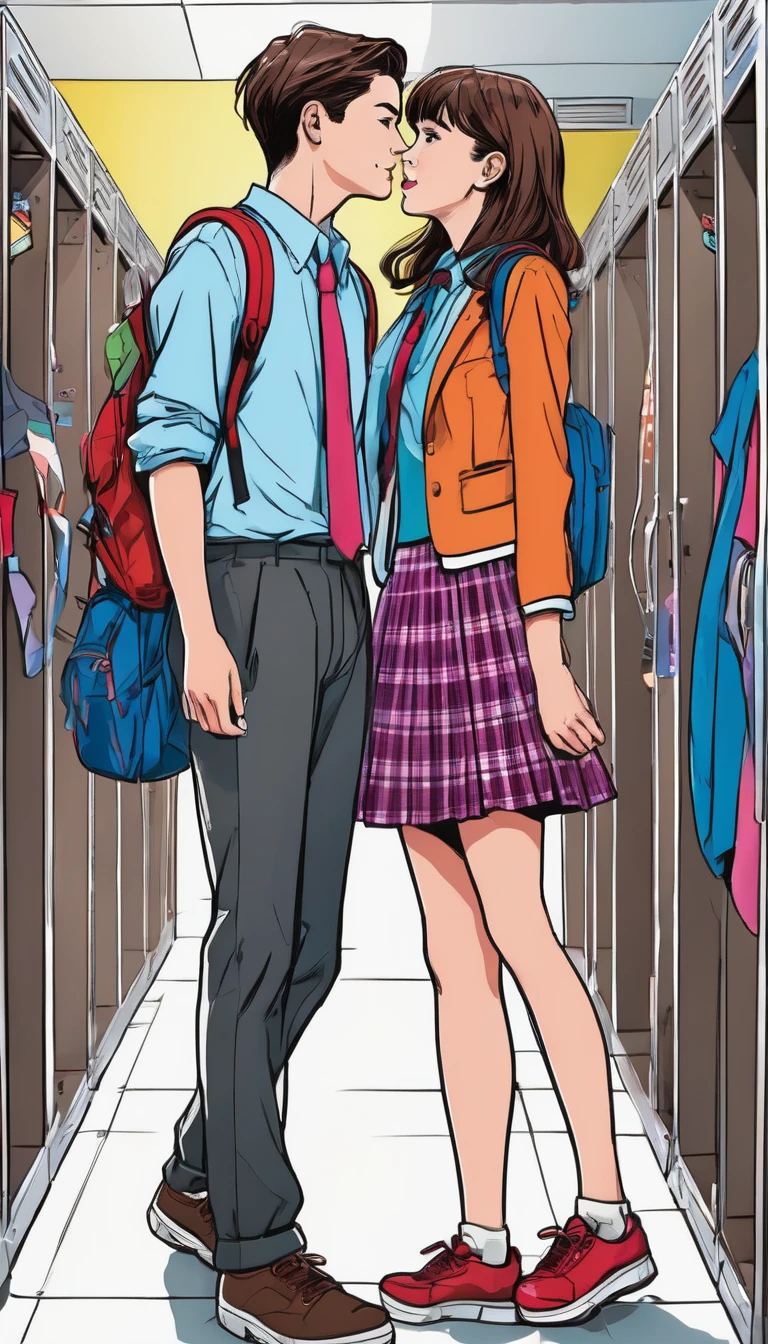 (best quality,ultra-detailed,realistic:1.37),humor,comic style,bold lines,vibrant colors, (Angle from below:1.3), Romantic comedy, high school (couple:1.2) getting along in a school locker, packing tightly, A boy and a girl face each other in close contact, Crowded, (Summer clothes shirt:1.2), the girl was not wearing a blazer, but a blouse and ribbon, and a pleated checked miniskirt.