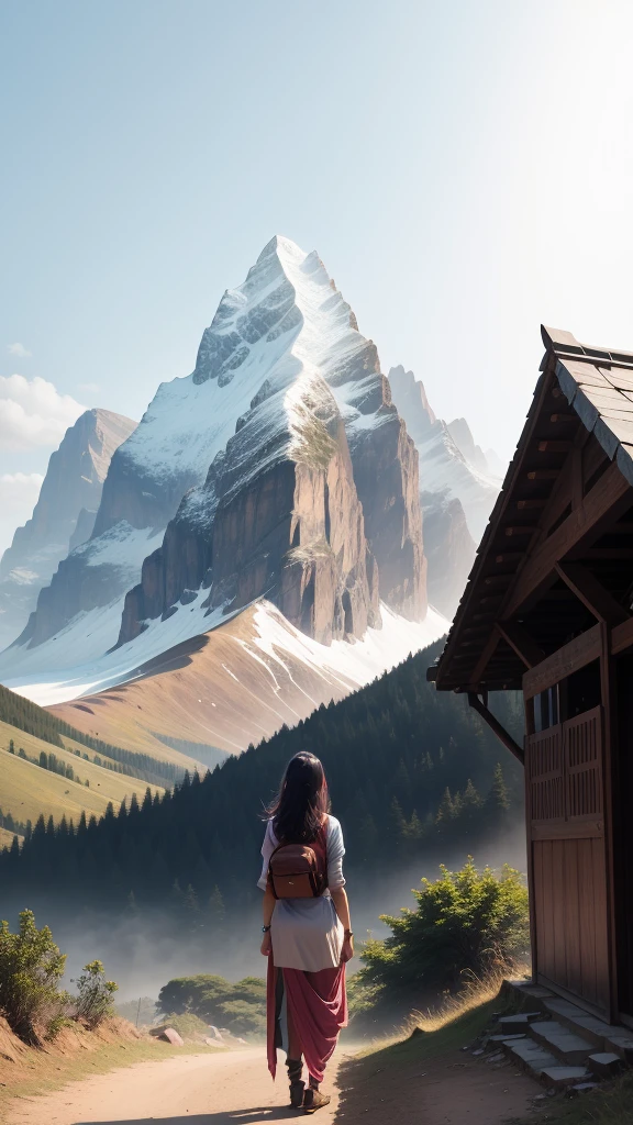 India girl,heart broken,standing mountain,watch Mount, day
