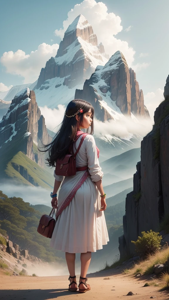 India girl,heart broken,standing mountain,watch Mount, day