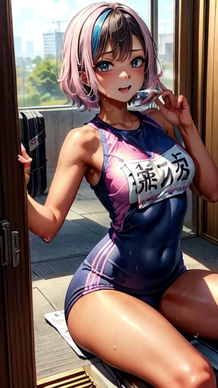 very cute and beautiful girl,(Very detailed美しい顔), (((Close-up shot of face、Please open your mouth wide、Sweating all over the body、Sweaty、look up、、Excited、attractive、orgasm、shortness of breath、Very humid、vapor))),blush,Black Hair,Seraphim,((short hair、Black Hair、Pink hair inside、Gal、Small breasts)),((Tracking & Track and field athlete uniforms)),((Reaching for the camera、Spread your legs、High Angle、Dynamic Angle、Local practice)), ((Small storage room in gym、Dim lighting、vapor、Haa、Expression of Limit)), (Highest quality,masterpiece:1.0),Absurd,High resolution,Very detailedな,Very detailed,32K,8k resolution, Intricate details,Movie Scenes,Detailed Background,alone,Dynamic Angle,