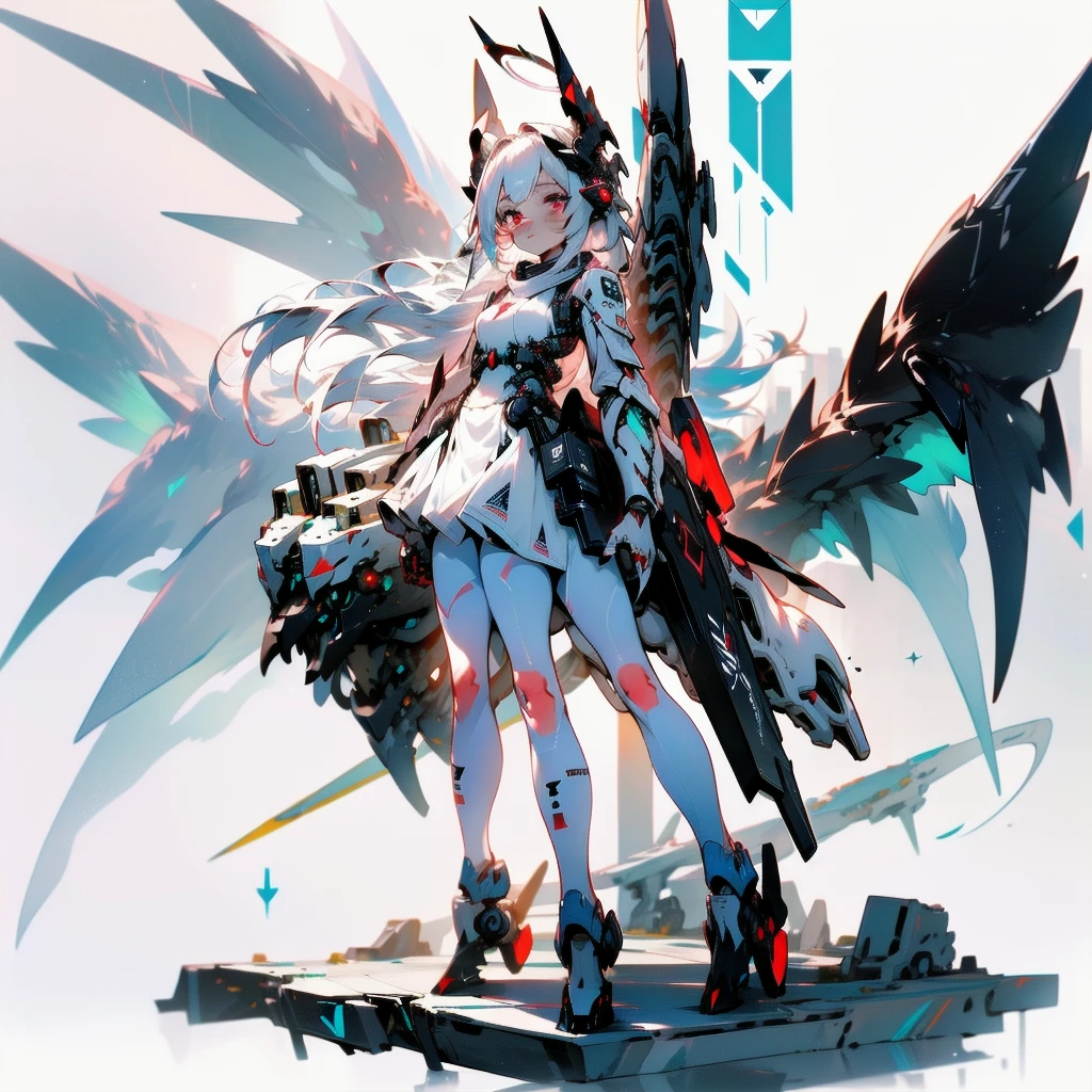 masterpiece, highest quality, highest resolution, clear_image, detailed details, white hair, long hair, 1 girl, car ears, red eyes, futuristic wings, futuristic halo, white sci fi mecha dress, white scarf (around the neck withn a light blue glow), white pantyhose, full body, no water marks, city