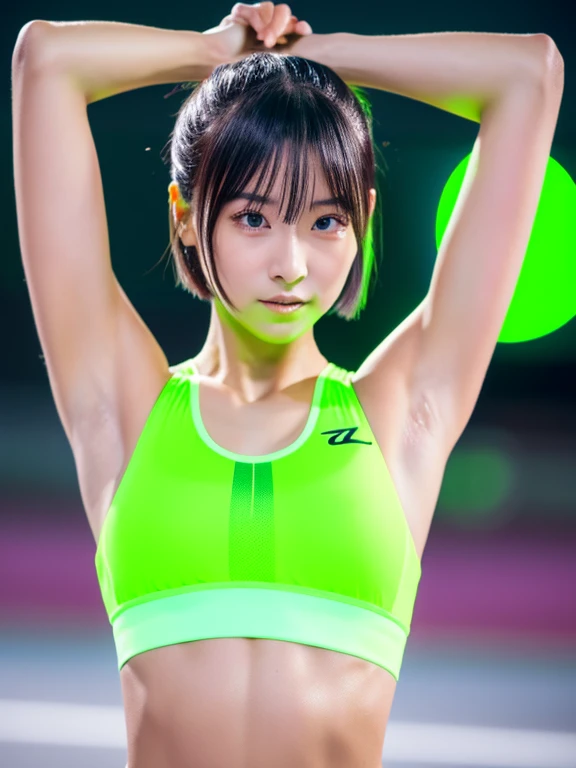 Best quality 8k resolution Ultra detailed Bright neon green competition sportswear Serious facial expression Cute beauty Abs Arms up Very short hair High waisted tights Flat chest Japanese Sharp focus Track and field club Very short hair 27 years old Sweating