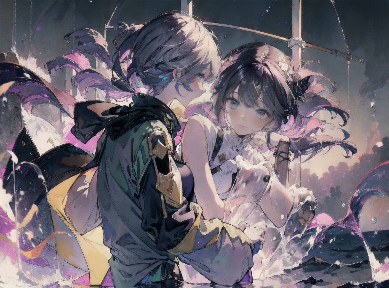 Light ink drawing,Two girls touching lips,A girl with purple hair,Transparent purple eyes,Another girl with yellow hair,Clear blue eyes,Medieval Lolita Style Clothing,Trench coat,Black and white grid,novel,Sit and hug,Look at each other affectionately,Cool,Clear,Violet,iris,Sunshine,Surrounded by greenery,Transparent stream flowing,Tyndall effect,Light up the fire,starlight:1.8,Clear shape,Detailed description of appearance:Perfect beautiful clear appearance,Normal human body,Transparent colors,Transparent green,Light color strokes,{{{Transparent color:3.3}}}softbrush:1.8,Transparent character details,Perfect light color,pure,Transparent colors,greenish blue,suspended congress, face focus, standing, hug, breast press,straddling,arms around neck, {{Masterpiece:1.2}},lens flare,{{extremely detailed CG}},extremely detailed character,{an extremely delicate and beautiful},portrait,beautiful moving focus,dynamic angle,extreme detailed illustration,extremely detailed eyes and face,cinematic lighting,amazing,beautiful detailed sky,highly detailed,ultra detailed,acrylic painting,original,intricate detail