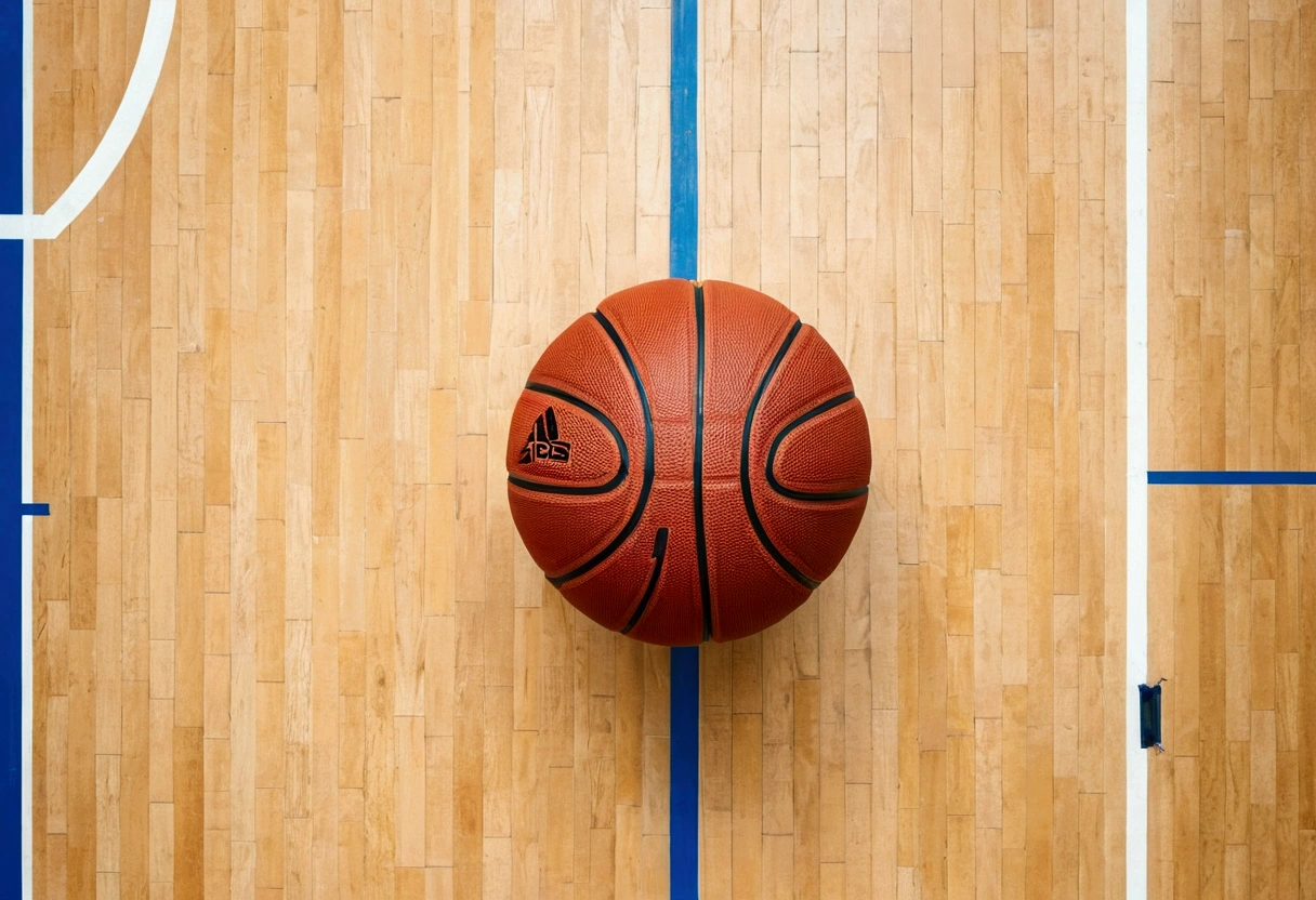 a picture of a basket ball in the center of the basketball court, bird's-eye view, closeup
