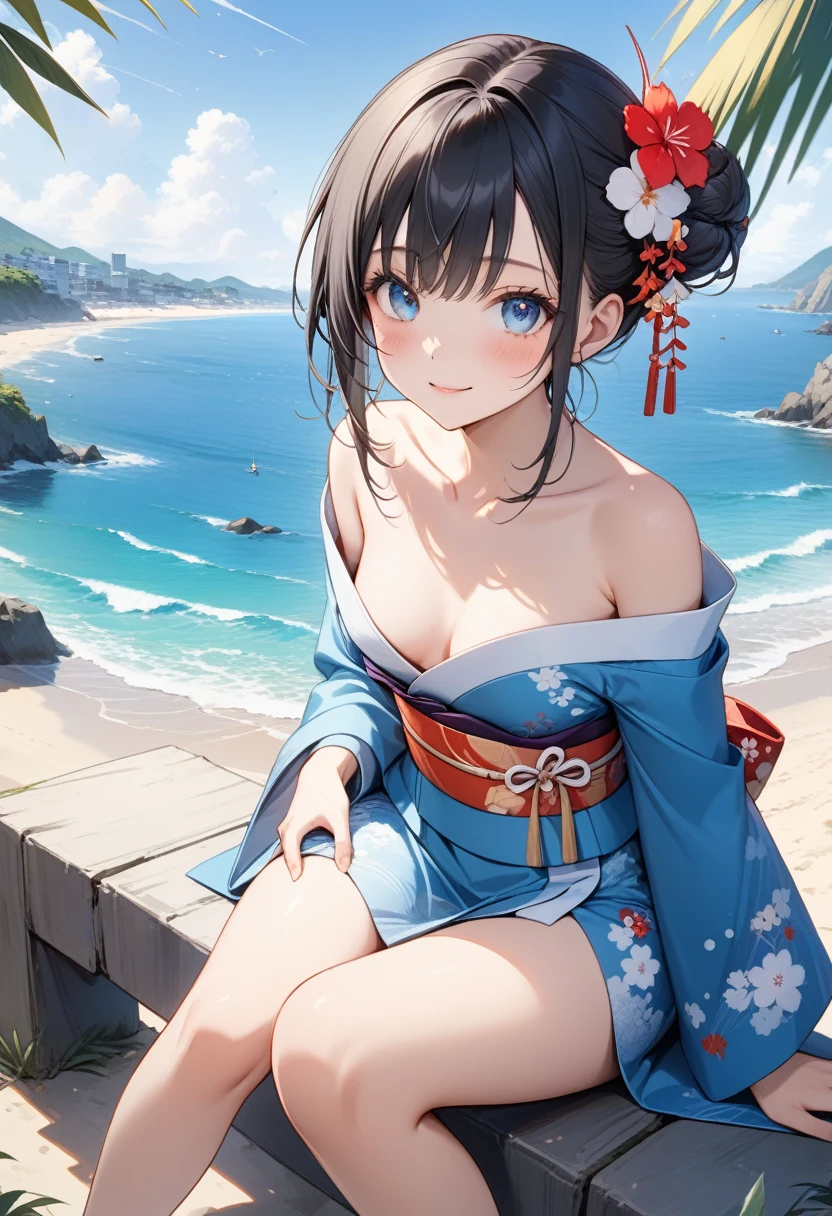 girl in japanese costume sitting on ledge of small beach, holding hands on her knees, 1girl, japanese clothes, solo, hair ornament, kimono, flower, hair flower, black hair, breasts, sitting, blue kimono, looking at viewer, sash, blush, obi, outdoors, off shoulder, thighs, smile, beach, hair bun, bangs, cleavage, collarbone, bare shoulders, small breasts , (best quality, masterpiece, ultra-detailed, illustration),(8K wallpaper),(beautiful detailed eyes), beautiful, amazing, detailed eyes, (detailed skin