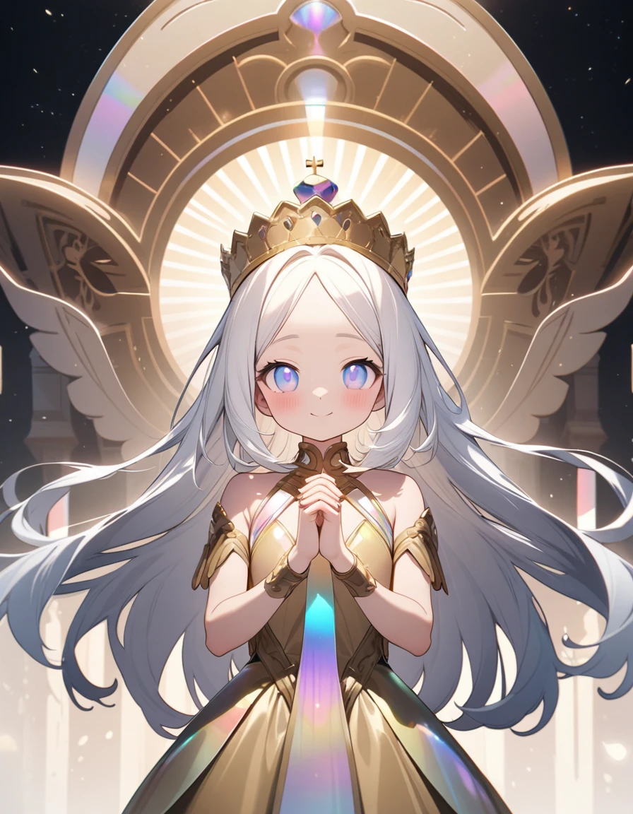 (8K, best quality, master piece: 1.2),super high resolution,1 girl is Aphrodite,18yo,solo,detailed cute face, pretty , ultra cute kawaii, smile,detailed eyes,white hair,long hair,arched little crown,(Aphrodite),Gold Dress,straight hair,(iridescent light:1.4),standing,praying hands,Palace of the Gods