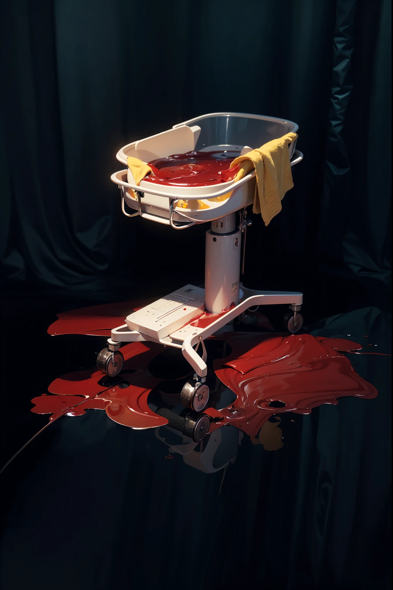 The image depicts a medical baby trolley covered in red liquid stains resembling blood. The liquid has spilled onto the floor around the trolley, creating the impression of a recent or ongoing event. A yellow towel is also hanging on the trolley. The scene is lit in a way that the black curtains in the background add dramatic contrast, emphasizing the disturbing nature of the image. аffects render, (glossy plastic texture with multiple big light probe refractions), perfect cgi, smooth silhouette, high intensity refraction, (super glossy plastic material), most beautiful vfx, , realistic, 4k, high resolution, rim light, smooth 3d model, multiple light sources, rim light, sharp post effects render,, realistic, 4k, high resolution, rim light detailed digital art, reflective, best quality, 4k, masterpiece:1.2, ultra-detailed, realistic, vivid colors, The image of the highest quality, ensuring every detail showcased perfectly. It in 4k resolution, allowing viewers to immerse themselves in the richness of the colors and intricate details. The realistic rendering. under the spotlight, reflecting, high-resolution image, realistic rendering