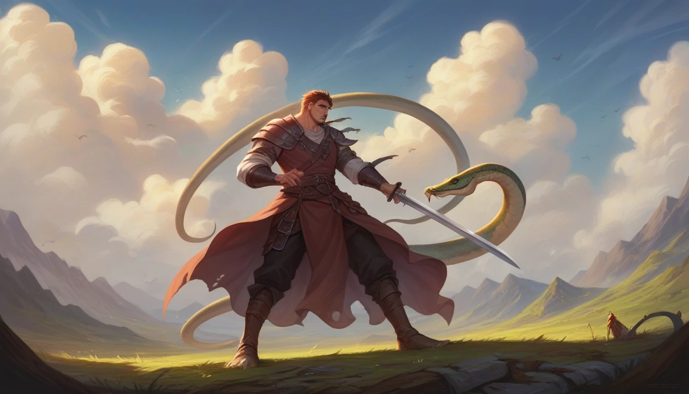 a man standing in front of a giant snake with a sword, medieval rpg background, epic Art of RPG, dungeons and dragons artwork, Arte de RPG, dungeons and dragons art, arte de fantasy de masmorras e dragões, d & of fantasy art, dungeons and dragons art, fantasy d & arte d, High quality DND illustration, Arte de RPG, hyperrealistic d & of fantasy art, dnof fantasy art