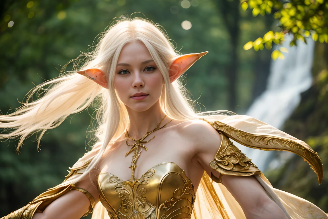 Aewin is a beautiful and ethereal elf sorceress.., Golden white hair, In the style of Boris Vallejo, elf dress with great detail, high detail face, high detailed leather, strong athletic body, perfect proportions, Heavy metal aesthetics, elven architecture background, high quality, masterpiece, realistic photo, intricately detailed, 8k, HdR, shallow depth of field, wide light, high contrast, Backlight, light flares, sharp focus, Raw color photo, looking to the camera, cold colors, various poses