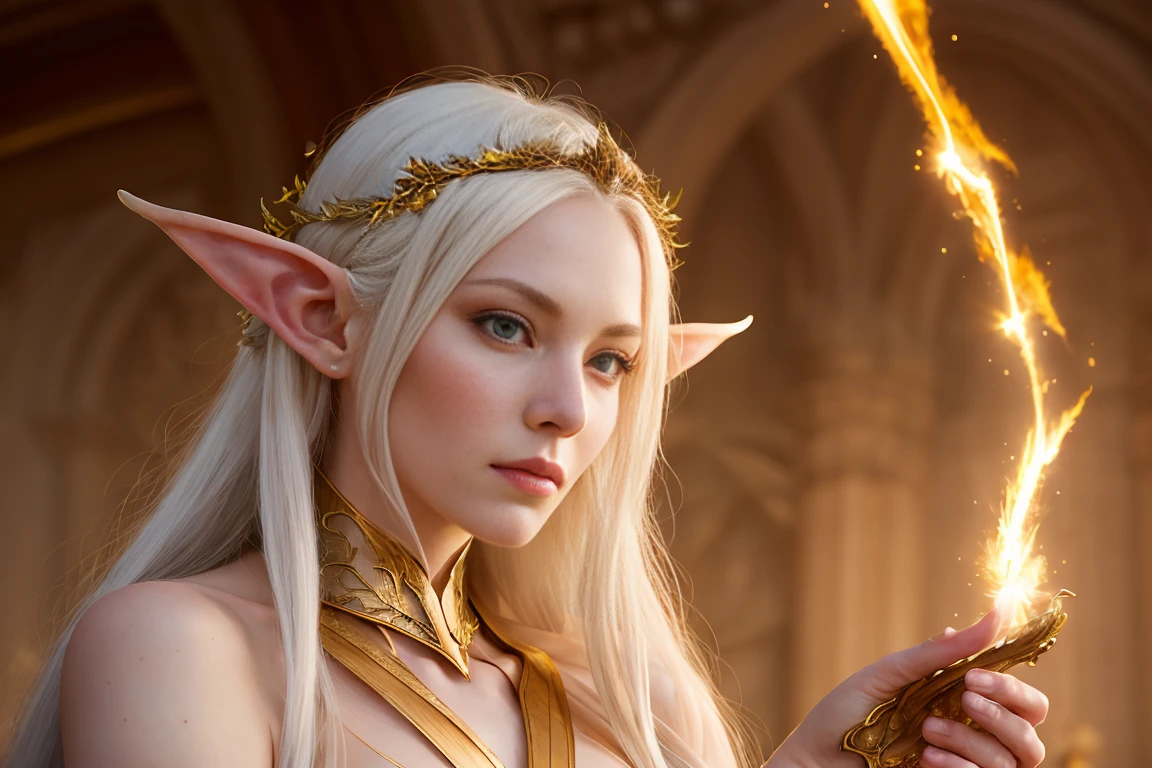 Aewin is a beautiful and ethereal elf sorceress.., Golden white hair, In the style of Boris Vallejo, elf dress with great detail, high detail face, high detailed leather, strong athletic body, perfect proportions, Heavy metal aesthetics, elven architecture background, high quality, masterpiece, realistic photo, intricately detailed, 8k, HdR, shallow depth of field, wide light, high contrast, Backlight, light flares, sharp focus, Raw color photo, looking to the camera, cold colors, various poses
