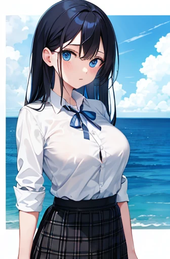 1 idle,  Ocean Blue Eyes, Wearing an ocean blue checked skirt, Plain white button-up shirt with ocean blue ribbon , Absurd, High resolution, Ultra Sharp, 8k, masterpiece,Big Breasts、Long black hair