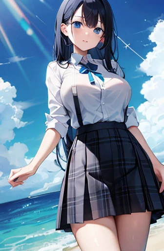 1 idle,  Ocean Blue Eyes, Wearing an ocean blue checked skirt, Plain white button-up shirt with ocean blue ribbon , Absurd, High resolution, Ultra Sharp, 8k, masterpiece,Big Breasts、Long black hair