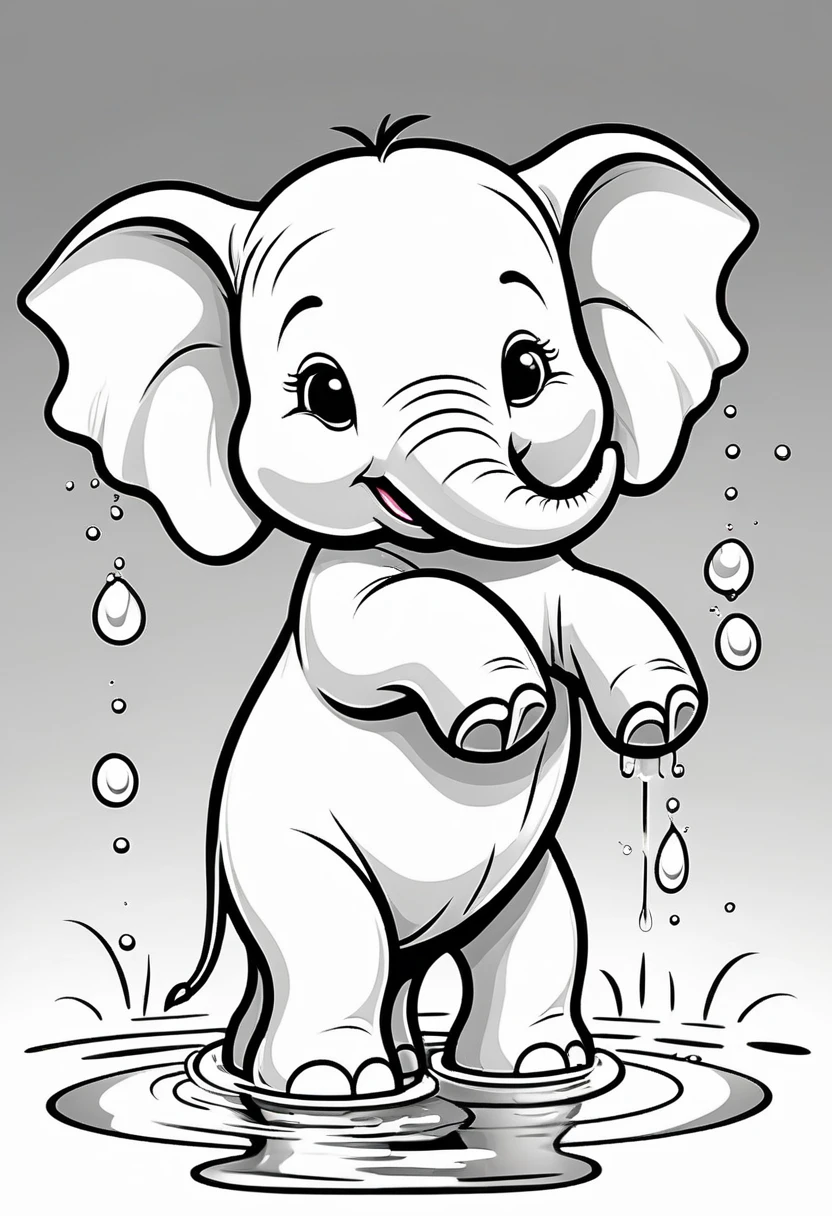 A clean and simple black and white drawing to color, featuring an adorable baby elephant. the smiling elephant will be busy playing in a puddle of water, showing his cheerful spirit. The illustration is designed with bold, thick lines, perfect for children to fill in with color. The overall style is reminiscent of classic cartoon characters, creating a cheerful and pleasant atmosphere., illustration, illustration