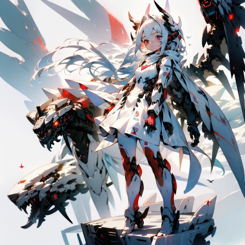 masterpiece, highest quality, highest resolution, clear_image, detailed details, white hair, long hair, 1 girl, car ears, red eyes, futuristic wings, futuristic halo, white sci fi mecha dress, white scarf (around the neck with a light blue glow), white pantyhose, full body, no water marks, city, no extra limbs, no extra body