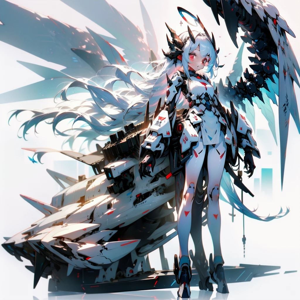 masterpiece, highest quality, highest resolution, clear_image, detailed details, white hair, long hair, 1 girl, car ears, red eyes, futuristic wings, futuristic halo, white sci fi mecha dress, white scarf (around the neck with a light blue glow), white pantyhose, full body, no water marks, city, no extra limbs, no extra body