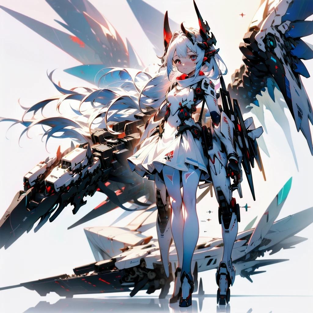 masterpiece, highest quality, highest resolution, clear_image, detailed details, white hair, long hair, 1 girl, car ears, red eyes, futuristic wings, futuristic halo, white sci fi mecha dress, white scarf (around the neck with a light blue glow), white pantyhose, full body, no water marks, city, no extra limbs, no extra body