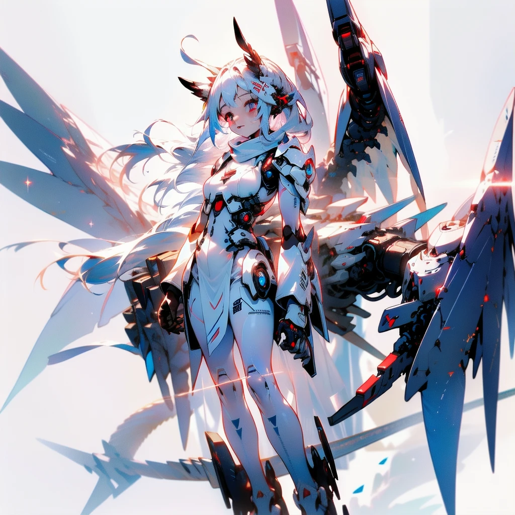 masterpiece, highest quality, highest resolution, clear_image, detailed details, white hair, long hair, 1 girl, car ears, red eyes, futuristic wings, futuristic halo, white sci fi mecha dress, white scarf (around the neck with a light blue glow), white pantyhose, full body, no water marks, city, no extra limbs, no extra body