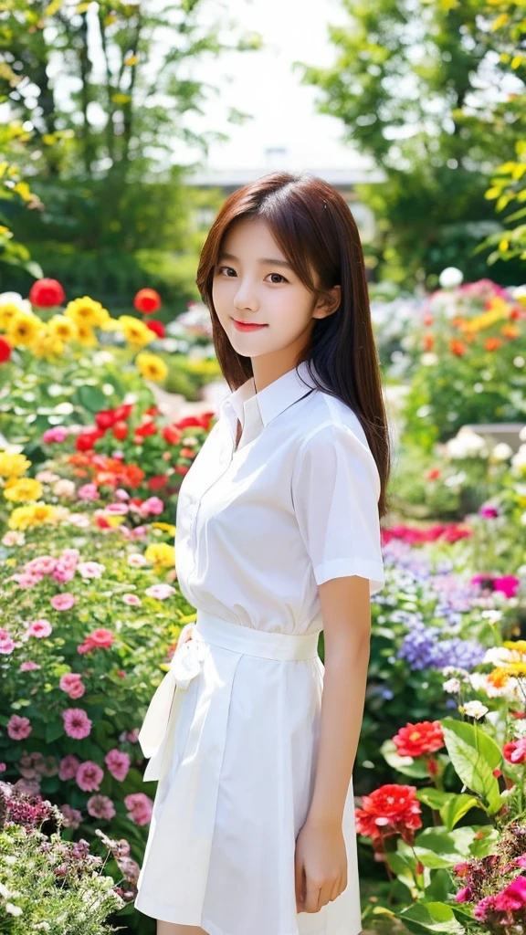 Bright and cute teenage Korean girl wearing a white shirt with open chest standing in a flower garden in a sexy photo.