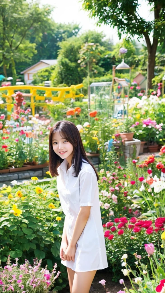 Bright and cute teenage Korean girl wearing a white shirt with open chest standing in a flower garden in a sexy photo.