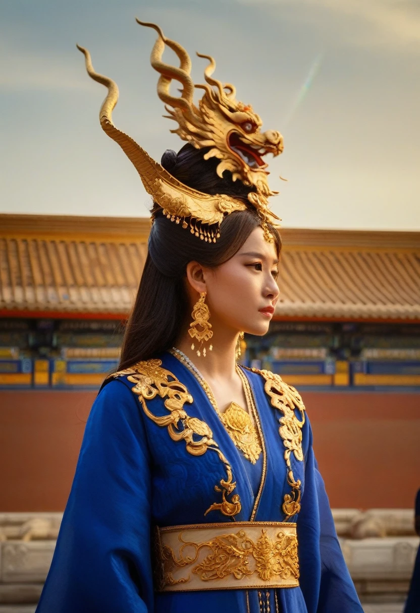 cinematic still Amidst the red walls of the Forbidden City, with its golden roofs gleaming under the sun, an asian woman in a royal blue robe with golden dragon motifs walked. Her attire, reminiscent of the empresses of yore, made her a moving masterpiece, echoing the grandeur and history of dynastic China.. emotional, harmonious, vignette, 4k epic detailed, shot on kodak, 35mm photo, sharp focus, high budget, cinemascope, moody, epic, gorgeous, film grain, grainy, cinematic, extremely, fabulous colors, artistic, perfect intricate, beautiful scenic full light, great composition, atmosphere, dynamic dramatic ambient, creative, lively, elegant