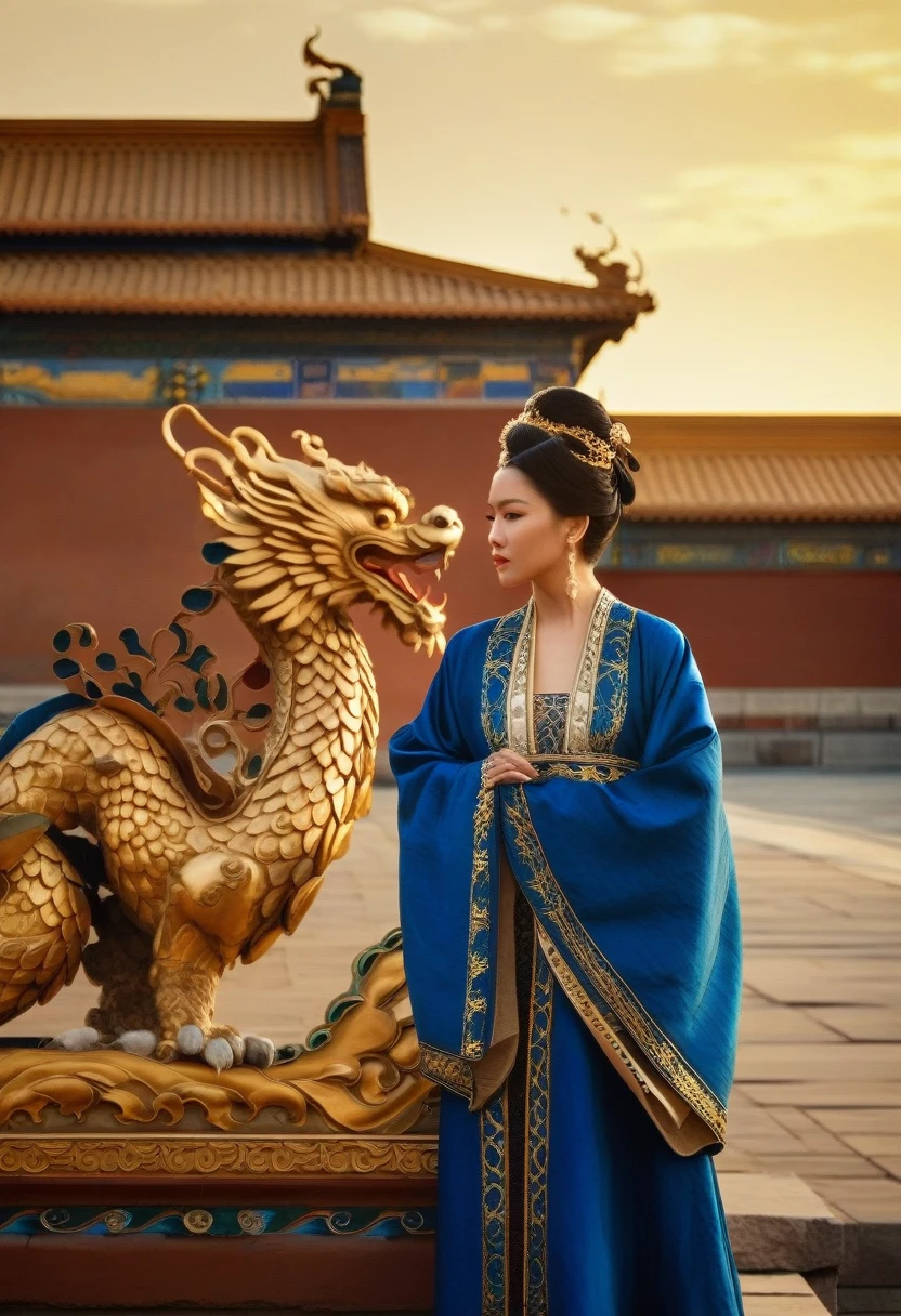 cinematic still Amidst the red walls of the Forbidden City, with its golden roofs gleaming under the sun, an asian woman in a royal blue robe with golden dragon motifs walked. Her attire, reminiscent of the empresses of yore, made her a moving masterpiece, echoing the grandeur and history of dynastic China.. emotional, harmonious, vignette, 4k epic detailed, shot on kodak, 35mm photo, sharp focus, high budget, cinemascope, moody, epic, gorgeous, film grain, grainy, cinematic, extremely, fabulous colors, artistic, perfect intricate, beautiful scenic full light, great composition, atmosphere, dynamic dramatic ambient, creative, lively, elegant