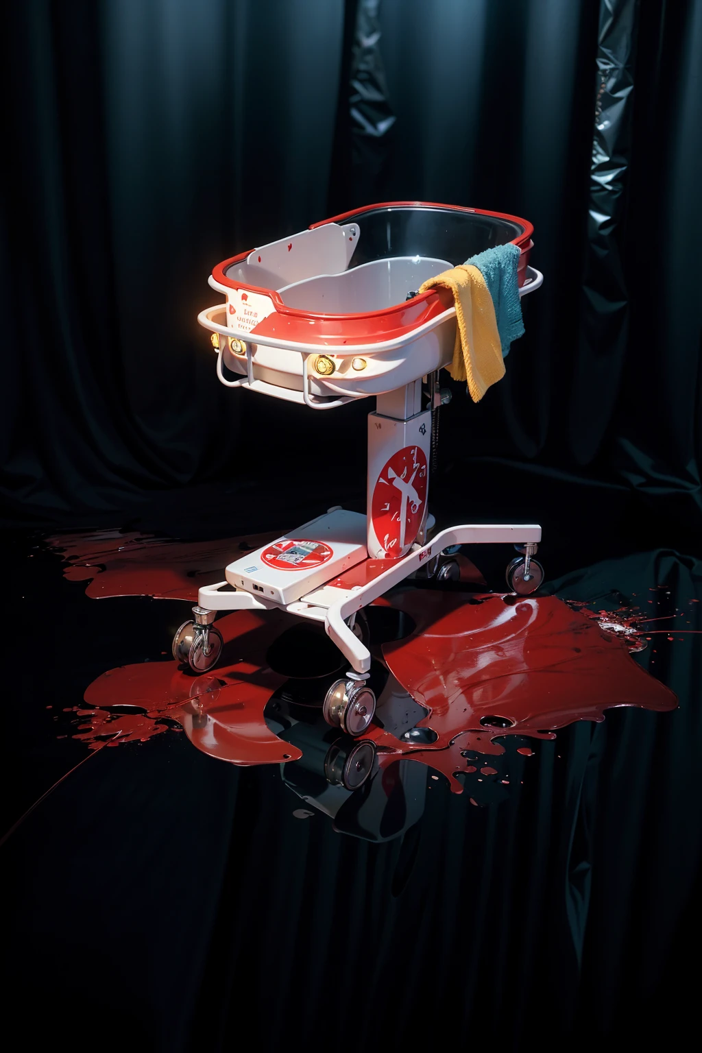 The image depicts a medical baby trolley covered in red liquid stains resembling blood. The liquid has spilled onto the floor around the trolley, creating the impression of a recent or ongoing event. A yellow towel is also hanging on the trolley. The scene is lit in a way that the black curtains in the background add dramatic contrast, emphasizing the disturbing nature of the image. аffects render, (glossy plastic texture with multiple big light probe refractions), perfect cgi, smooth silhouette, high intensity refraction, (super glossy plastic material), most beautiful vfx, , realistic, 4k, high resolution, rim light, smooth 3d model, multiple light sources, rim light, sharp post effects render,, realistic, 4k, high resolution, rim light detailed digital art, reflective, best quality, 4k, masterpiece:1.2, ultra-detailed, realistic, vivid colors, The image of the highest quality, ensuring every detail showcased perfectly. It in 4k resolution, allowing viewers to immerse themselves in the richness of the colors and intricate details. The realistic rendering. under the spotlight, reflecting, high-resolution image, realistic rendering