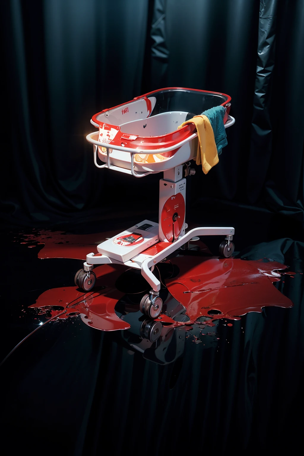 The image depicts a medical  trolley covered in red liquid stains resembling blood. The liquid has spilled onto the floor around the trolley, creating the impression of a recent or ongoing event. A yellow towel is also hanging on the trolley. The scene is lit in a way that the black curtains in the background add dramatic contrast, emphasizing the disturbing nature of the image. аffects render, (glossy plastic texture with multiple big light probe refractions), perfect cgi, smooth silhouette, high intensity refraction, (super glossy plastic material), most beautiful vfx, , realistic, 4k, high resolution, rim light, smooth 3d model, multiple light sources, rim light, sharp post effects render,, realistic, 4k, high resolution, rim light detailed digital art, reflective, best quality, 4k, masterpiece:1.2, ultra-detailed, realistic, vivid colors, The image of the highest quality, ensuring every detail showcased perfectly. It in 4k resolution, allowing viewers to immerse themselves in the richness of the colors and intricate details. The realistic rendering. under the spotlight, reflecting, high-resolution image, realistic rendering