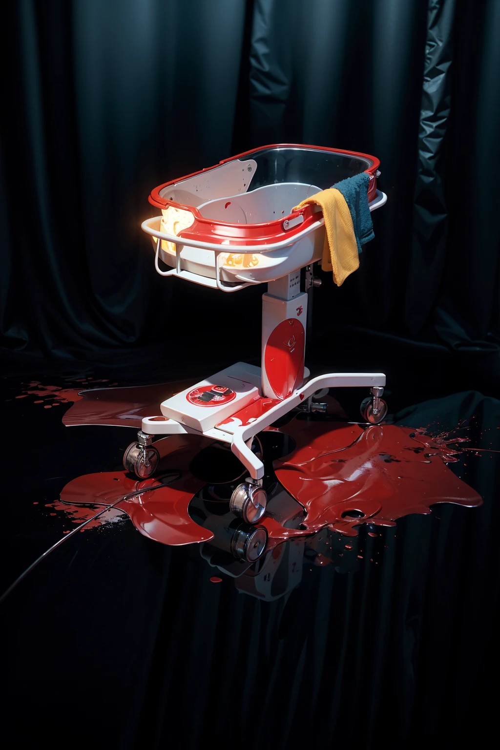 The image depicts a medical baby trolley covered in red liquid stains resembling blood. The liquid has spilled onto the floor around the trolley, creating the impression of a recent or ongoing event. A yellow towel is also hanging on the trolley. The scene is lit in a way that the black curtains in the background add dramatic contrast, emphasizing the disturbing nature of the image. аffects render, (glossy plastic texture with multiple big light probe refractions), perfect cgi, smooth silhouette, high intensity refraction, (super glossy plastic material), most beautiful vfx, , realistic, 4k, high resolution, rim light, smooth 3d model, multiple light sources, rim light, sharp post effects render,, realistic, 4k, high resolution, rim light detailed digital art, reflective, best quality, 4k, masterpiece:1.2, ultra-detailed, realistic, vivid colors, The image of the highest quality, ensuring every detail showcased perfectly. It in 4k resolution, allowing viewers to immerse themselves in the richness of the colors and intricate details. The realistic rendering. under the spotlight, reflecting, high-resolution image, realistic rendering
