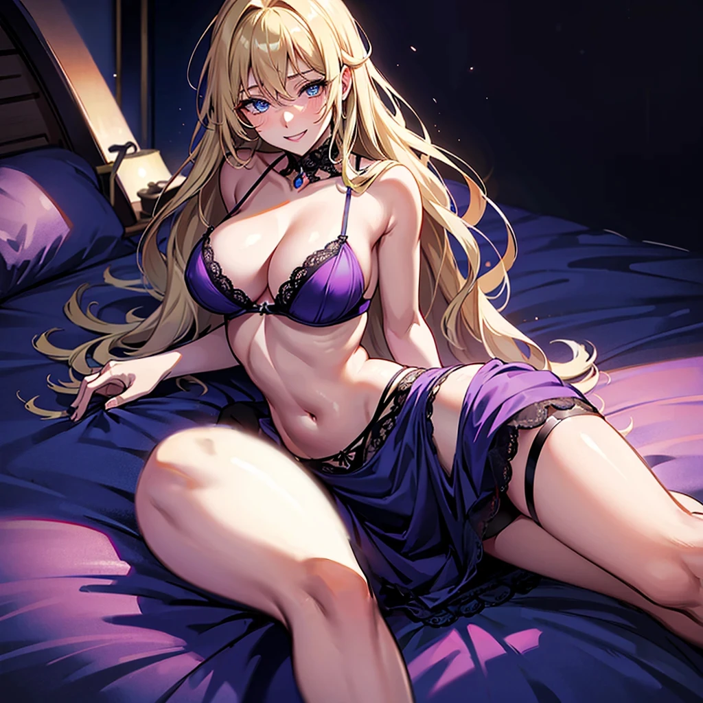 1 , breasts big, gazing at viewer, high resolution, blue colored eyes, laughter, hair blonde, very long hair, slickedback hair, Hair over the shoulder, loose hair, blushful, laughter, make-up, slightly-smile, Excited face, ass pov, anime styling, dressed in lingerie covering the body transparent sexy purple, lying on the bed in a dark suite room