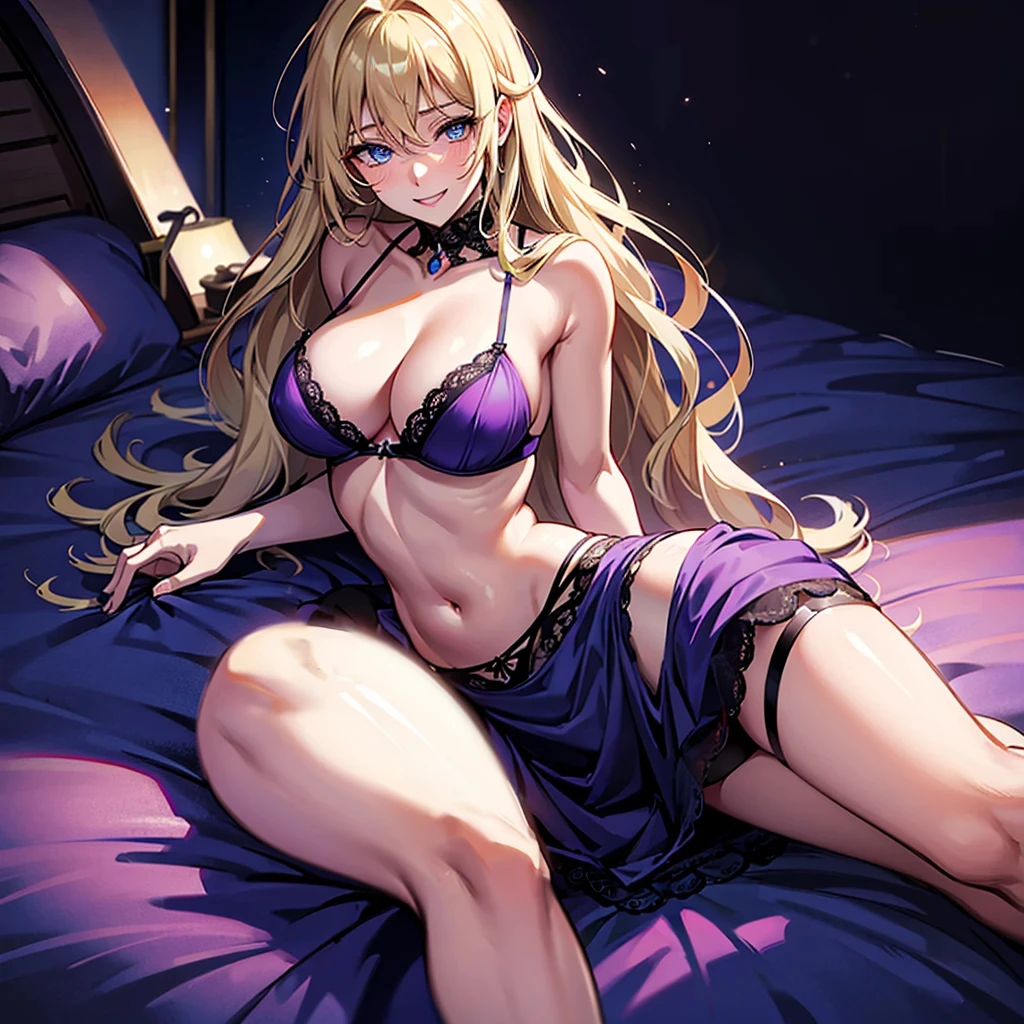 1 , breasts big, gazing at viewer, high resolution, blue colored eyes, laughter, hair blonde, very long hair, slickedback hair, Hair over the shoulder, loose hair, blushful, laughter, make-up, slightly-smile, Excited face, ass pov, anime styling, dressed in lingerie covering the body transparent sexy purple, lying on the bed in a dark suite room