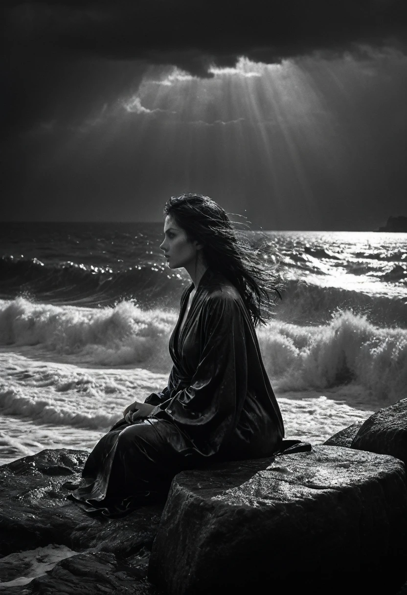 Black and white photo with dramatic effect. Heavy Raining. Storm. A beautiful lady in dark robe sitting atop a rock in the middle of a sea, facing straight to the camera. Her robe and her hair are wet and soaked. The wind is strong, her black hair and her long tattered robe are fluttering in the wind direction. . The sky is dark and stormy. The sea are raging. The rain pours hard. Wave crashing to the rock she is seated on. too dark, chiaroscuro, low-key
Dark Ambient Dark Fantasy. Best quality, relief, dark gothic, conceptual art, Psychedelic, post-apocalyptic, ominous, Oil painting, red and yellow blobs, thin flowing lines, Anything, Long strokes, light gentle shadows, + 36.5mm f0 cinematic quality, + Peter style Elson, Alexey Maleev, Ryohei Hase,
Rafael Sanzio, Pino Daeni, Charlie Bowett, Albert Joseph Penaud, Ray Caesar,