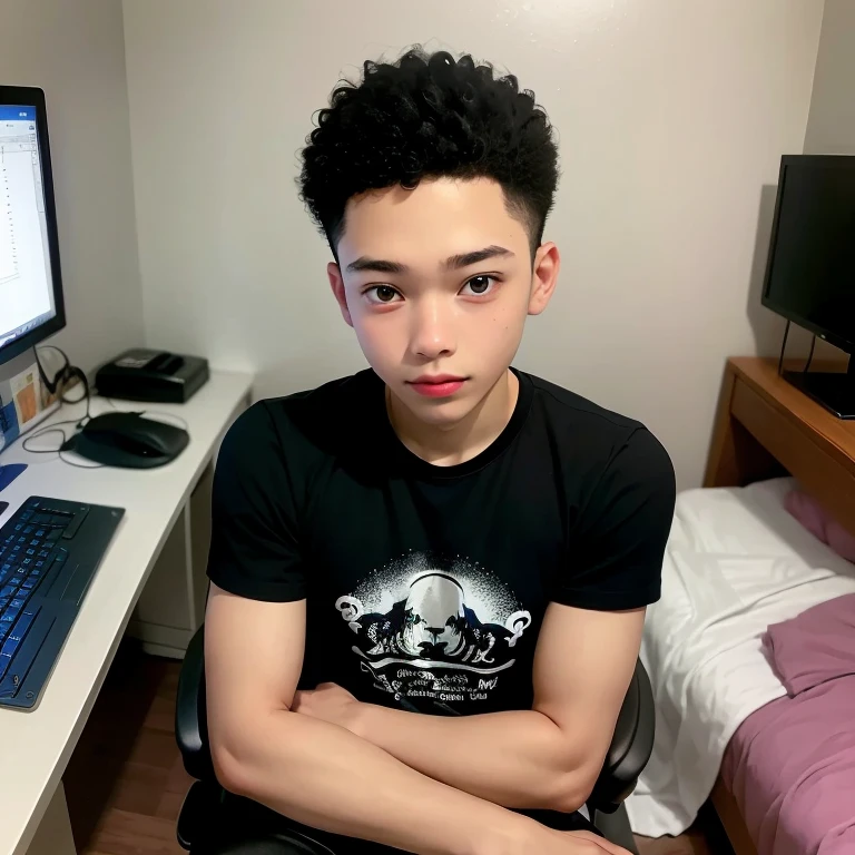 19 YEAR OLD light skin HACKER BOY, IN HIS ROOM SITTING ON THE GAMER CHAIR, in front of a LAPTOPON HIS DESK , WITH IS HANDS IN HIS ON THE DESK LOOKING AT THE CAMERA IN FRONT OF HIM